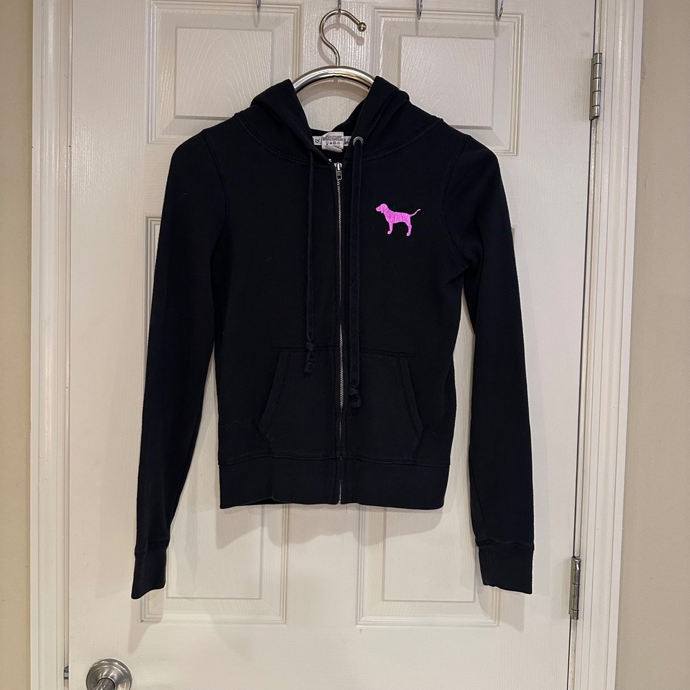Victoria's Secret PINK Black Full Zip Hoodie Sequin Leopard Logo Women Small